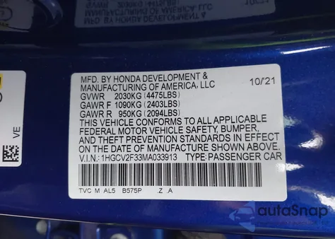 2021 Honda Accord Sport 2.0T из США, поврежденный, VIN 1HGCV2F33MA033913